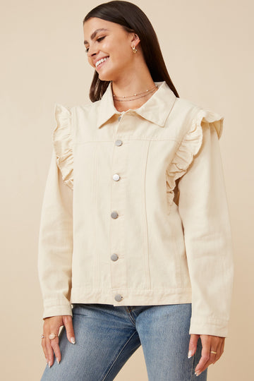 HY6429 Ivory Womens Ruffled Shoulder Twill Jacket Front